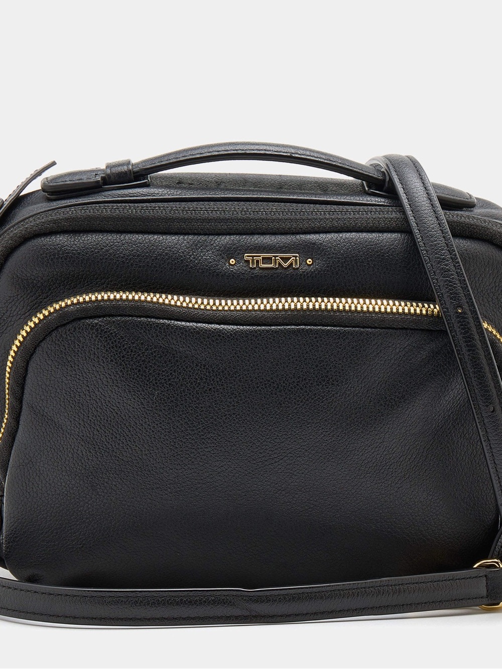 Tumi Black Leather Crossbody with Gold Zipper Accents